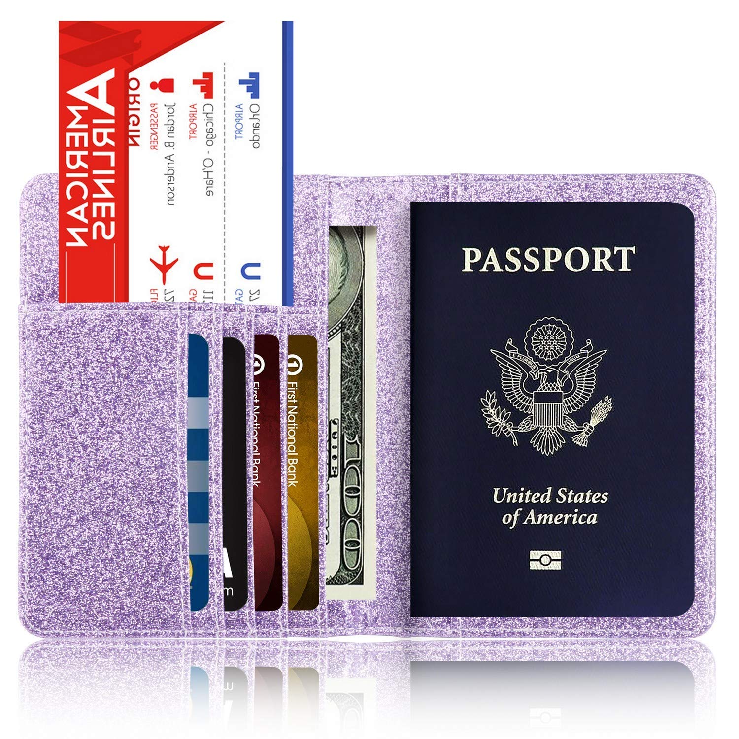 Leather Passport Holder Cover Leather Rfid Blocking Passport Wallet Case for Men Women, Sparkling Purple
